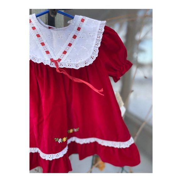 Vintage 80s Deadstock TUTTI FRUTTI Red Velvet White Eyelet Lace Dress Sz 2 - Picture 6 of 9